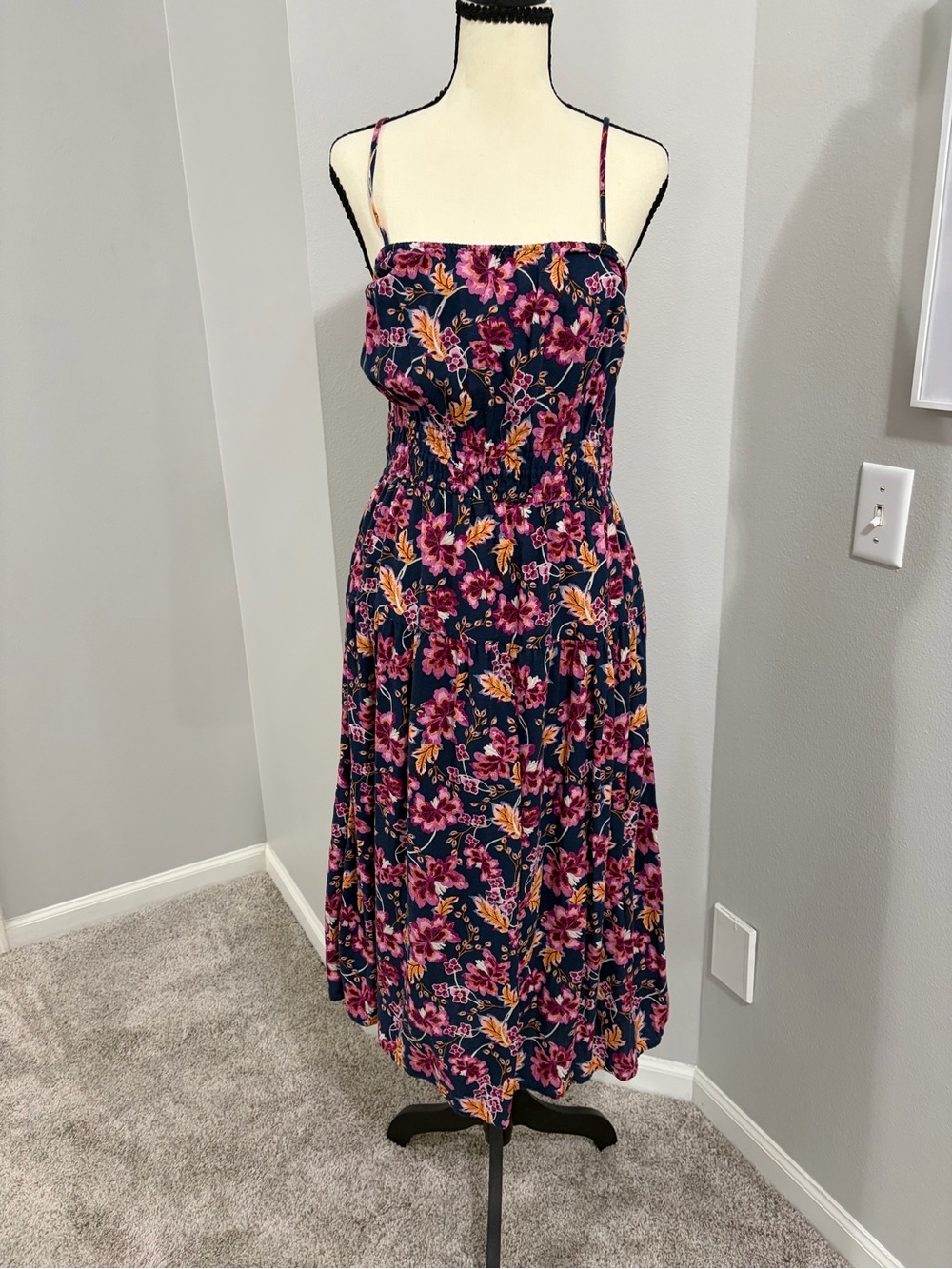 Navy Floral Spaghetti-Strap Maxi Dress